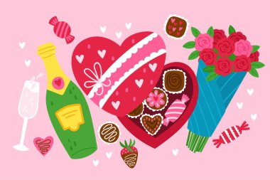 Sevgililer Günü tebrik kartı, kalp şeklinde çikolata kutusu, gül çiçeği ve şampanya şişesi ambalaj, çıkartma, pankart ve dekorasyon için el yazısı.