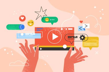 Video akışı ve multimedya çevrimiçi oynatıcı için modern yaratıcı konsept. Sosyal medya, bayrak veya sunum şablonu için iş vektör çizimi
