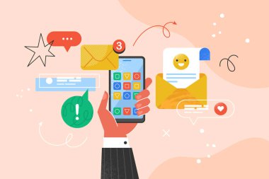 Mobil pazarlama ve bülten için modern yaratıcı konsept. Sosyal medya, bayrak veya sunum şablonu için iş vektör çizimi