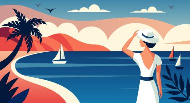 Yaz tropik tatil afişi tasarımı. Plaj manzarasında palmiye ağaçları ve yelkenli tekneleri olan genç bir kadın. Seyahat ve turizm konsepti için soyut şablon