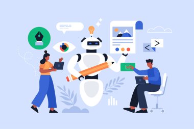 Yapay zeka aracı sanat eseri ve imaj iş konsepti yaratıyor. Web tasarımları ve dijital pazarlama için yapay zeka teknolojisi kullanan insanların modern vektör illüstrasyonu