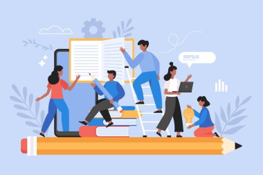 Okula ve eğitim konseptine geri dönmek. Çevrimiçi çalışan ve kitap okuyan öğrencilerin modern vektör illüstrasyonu 