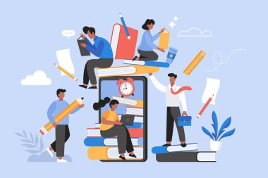 Eğitim, çevrimiçi öğrenme ve okul konseptine dönüş. Kitap okuyan öğrencilerin modern vektör illüstrasyonu