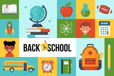 Okulun afiş tasarımına, okul gereçleri ve sevimli öğrencilerin olduğu yere. Modern simge seti. Vektör illüstrasyonu