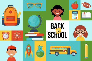 Okul ve eğitim afişi tasarımı, okul malzemeleri ve sevimli öğrencilerle birlikte. Modern simge seti. Vektör illüstrasyonu