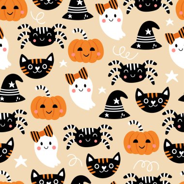 Cadılar Bayramı tatili için kusursuz bir arka plan ve şirin unsurlar. Kağıt, ambalaj kağıdı ve tekstil için çocukça bir baskı. Vektör illüstrasyonu