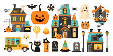 Cadılar bayramı unsuru dizaynı ve şirin perili bir ev. Tebrik kartı şablonu, parti davetiyesi, afiş ve poster. Vektör illüstrasyonu