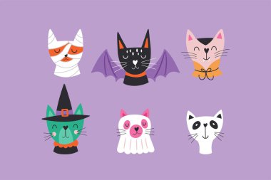 Cadılar bayramı kostümlü şirin kediler. Kağıtlar, çıkartmalar, kıyafetler ve dekorasyon için çocukça bir baskı. Vektör illüstrasyonu