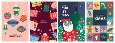 Christmas holiday greeting card design set with cute elements. Childish print for cards, stickers, apparel and decoration. Vector illustration clipart