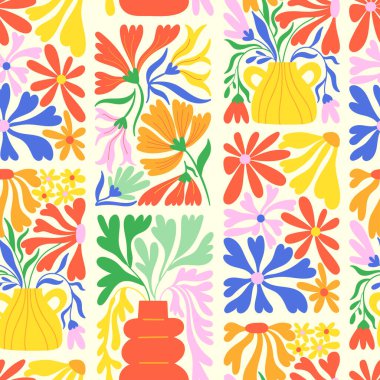 Güzel, modern çiçekler ve vazolarla kusursuz bir dizayn. Kartlar, duvar kağıtları ve arka plan için çocukça bir baskı. Vektör illüstrasyonu