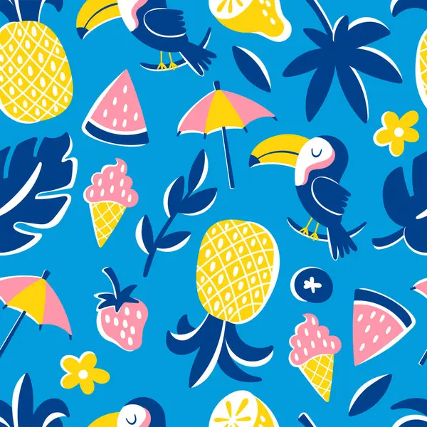 Tatlı tropikal meyve, tukan ve palmiye yapraklı, kağıt, duvar kâğıdı ve arka plan için çocuksu desenli yaz deseni tasarımı. Vektör illüstrasyonu