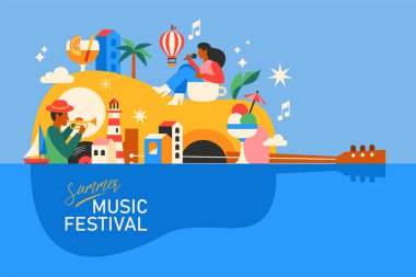 Yaz müzik festivali modern poster tasarımı modaya uygun geometrik tarzda. Kartlar, pankart ve arkaplan şablonu