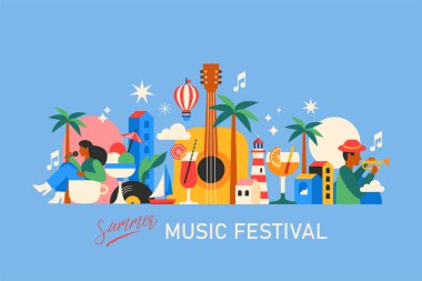 Yaz müzik festivali modern poster tasarımı modaya uygun geometrik tarzda. Kartlar, pankart ve arkaplan şablonu