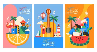 Yaz müzik festivali modern poster tasarımı modaya uygun geometrik tarzda ayarlandı. Kartlar, pankart ve arkaplan şablonu
