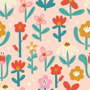 Tatlı çiçekli, kusursuz yaz desenli bir tasarım. Kartlar, duvar kağıtları ve arka plan için çocukça bir baskı. Vektör illüstrasyonu