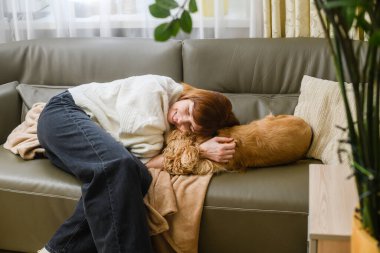 Şirin, genç, beyaz kadın ev sahibi Amerikan cocker spaniel 'i okşar ve yüzünü ona bastırır. Yukarıdan görüntüle.