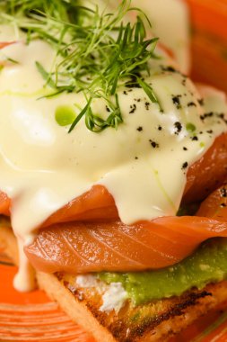 Kırmızı balıklı, yumurtalı, Benedict usulü, yakın plan..