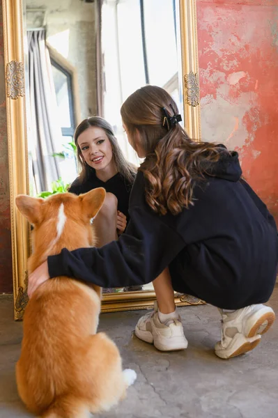 ティーンエイジャーの女の子がスカウトして 彼女のコルギの犬を抱きしめるリアビュー 少女は犬を抱きしめ 鏡の反射を見ている バックビュー — ストック写真