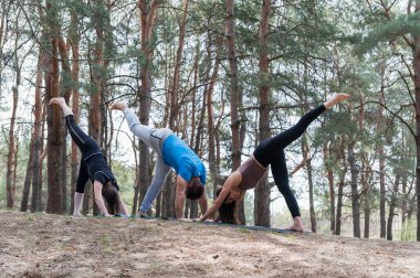 Ormanda egzersiz yapan üç kişilik bir grup. Bir adam ve köpek pozu veren iki kız, bir bacakları havada. Tek bacaklı, aşağı bakan köpek pozu.
