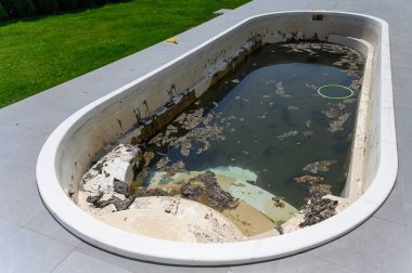 Güneşli bir günde arka bahçede terk edilmiş kirli yüzme havuzu..