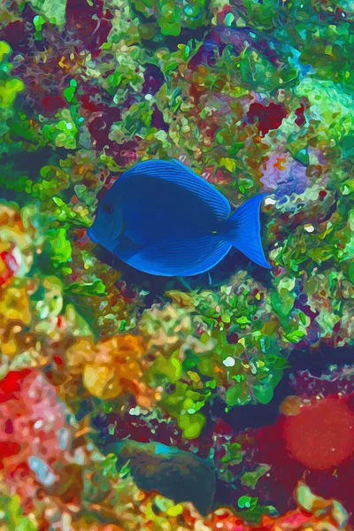 Dijital Olarak Okyanusun Dibinden Beslenen Bir Blue Tang Balığının Suluboya — Stok fotoğraf