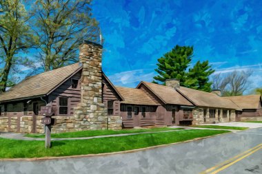 Shenandoah National Park, Virginia - May 7, 2018: Digitally created watercolor painting of the comfort station and park store on skyline drive. High quality illustration