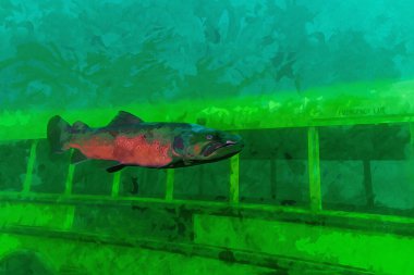 Digitally created watercolor painting of a large old sickly Rainbow Trout swimming in cloudy water past a school bus. High quality illustration