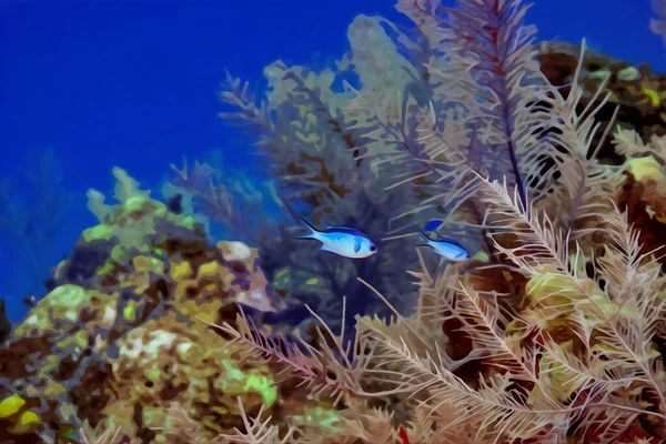Цифровая Акварельная Живопись Пары Голубых Хромисов Chromis Cyanea Плавающих Над — стоковое фото