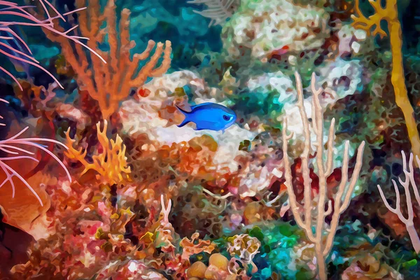 ブルークロミスダメルフィッシュクロミスシアナがサンゴ礁を泳いでいる様子をデジタルで水彩画で表現 高品質のイラスト — ストック写真