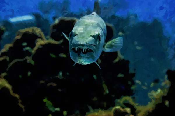 Цифровая Акварельная Живопись Большого Большого Барракуда Охотящегося Над Коралловым Рифом — стоковое фото