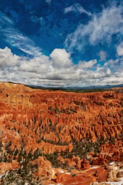 Bu dijital görüntü, suluboya resim efektiyle karlı Bryce Kanyonu 'nu yakalıyor ve manzaranın huzurlu ve huzurlu bir görüntüsünü sağlıyor..