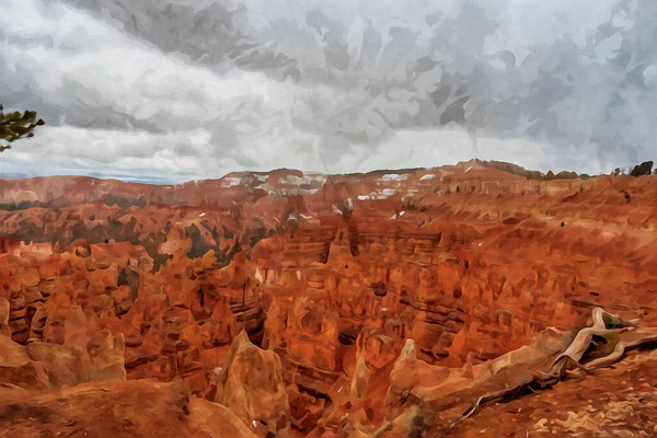디지털 눈덮인 브라이스 캐년을 포착하여 수채화 효과와 내려다 평온하고 풍경을 — 스톡 사진