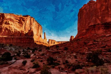 Dijital olarak Arches National Park, Moab, Utah 'taki Park Avenue Trailhead manzarasının suluboya resmini yaptı. Yüksek kaliteli illüstrasyon