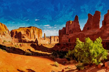 Dijital olarak Arches National Park, Moab, Utah 'taki Park Avenue Trailhead manzarasının suluboya resmini yaptı. Yüksek kaliteli illüstrasyon