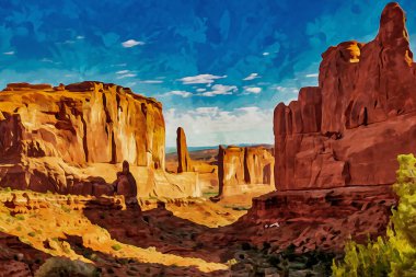 Dijital olarak Park Avenue Trailhead 'in suluboya resmini yarattı. Arches Ulusal Parkı, Moab' da gün doğumundan itibaren gölgelerle birlikte. Yüksek kaliteli illüstrasyon
