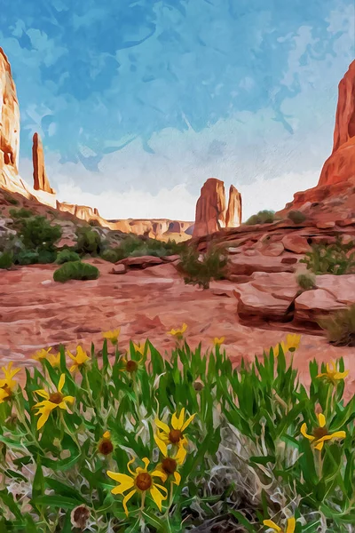 Digitalt Skapade Akvarell Målning Park Avenue Trailhead Med Gula Blommor — Stockfoto