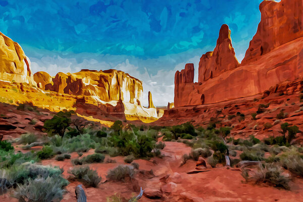 Digitally created watercolor painting of Park Avenue Trailhead view in Arches National Park, Moab, Utah. High quality illustration
