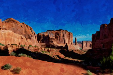 Dijital olarak Arches National Park, Moab, Utah 'taki Park Avenue Trailhead manzarasının suluboya resmini yaptı. Yüksek kaliteli illüstrasyon