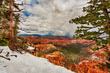 Bu dijital görüntü, suluboya resim efektiyle karlı Bryce Kanyonu 'nu yakalıyor ve manzaranın huzurlu ve huzurlu bir görüntüsünü sağlıyor..