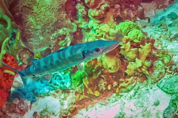 Aquarelle Réalisée Numériquement Représentant Grand Barracuda Chassant Sur Récif Corallien — Photo