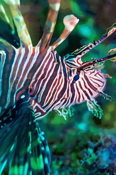 サンゴ礁の上にホバリング危険なライオンフィッシュのデジタル水彩画を作成しました 高品質のイラスト — ストック写真