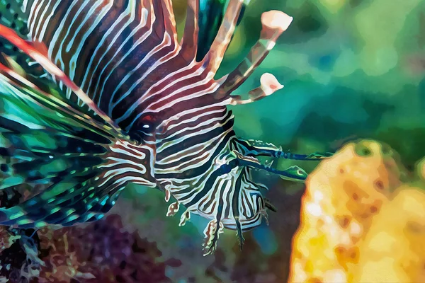 Цифровая Акварельная Живопись Опасных Львиных Рыб Парящих Над Коралловым Рифом — стоковое фото