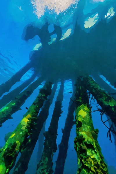 Pintura Aquarela Digitalmente Criada Cais Marítimo Partir Uma Perspectiva Mergulhadores — Fotografia de Stock