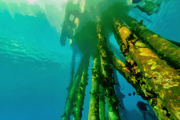 Pintura Aquarela Digitalmente Criada Cais Marítimo Partir Uma Perspectiva Mergulhadores — Fotografia de Stock
