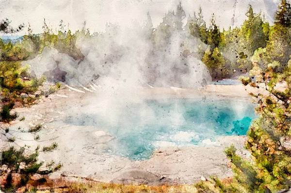 Digitally Created Watercolor Painting Steam Rising Thermal Spring Yellowstone National — Stock Photo, Image