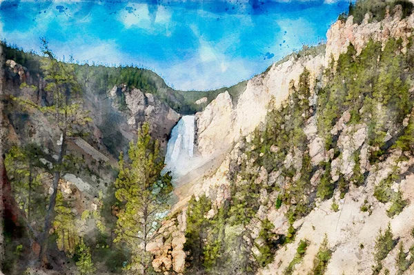 Digitally Created Watercolor Painting Panoramic Lower Falls Grand Canyon Yellowstone — Stock Photo, Image