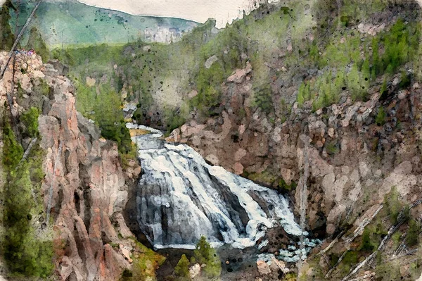 Digitally Created Watercolor Painting Gibbon Falls Yellowstone National Park Wyoming — Stock Photo, Image