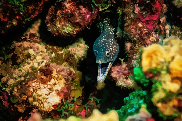 Dijital Olarak Mercan Resifinde Saklanan Benekli Bir Moray Yılanbalığının Suluboya — Stok fotoğraf
