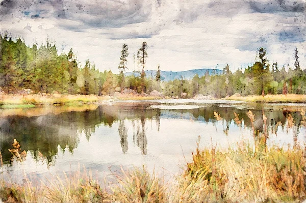 Pintura Acuarela Creada Digitalmente Del Río Yellowstone Con Cielo Ahumado —  Fotos de Stock