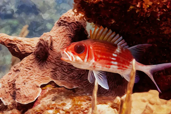 デジタルで作成されたリスフィッシュHolocentrusの水彩画は カリブ海のサンゴ礁にあります 高品質の写真 — ストック写真